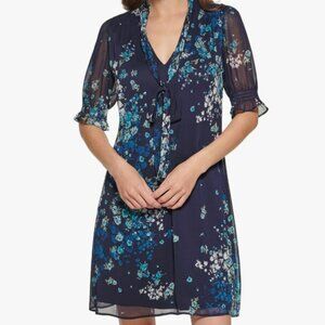 DKNY Women's Fit and Flare Short Sleeve Tie Neck Dress